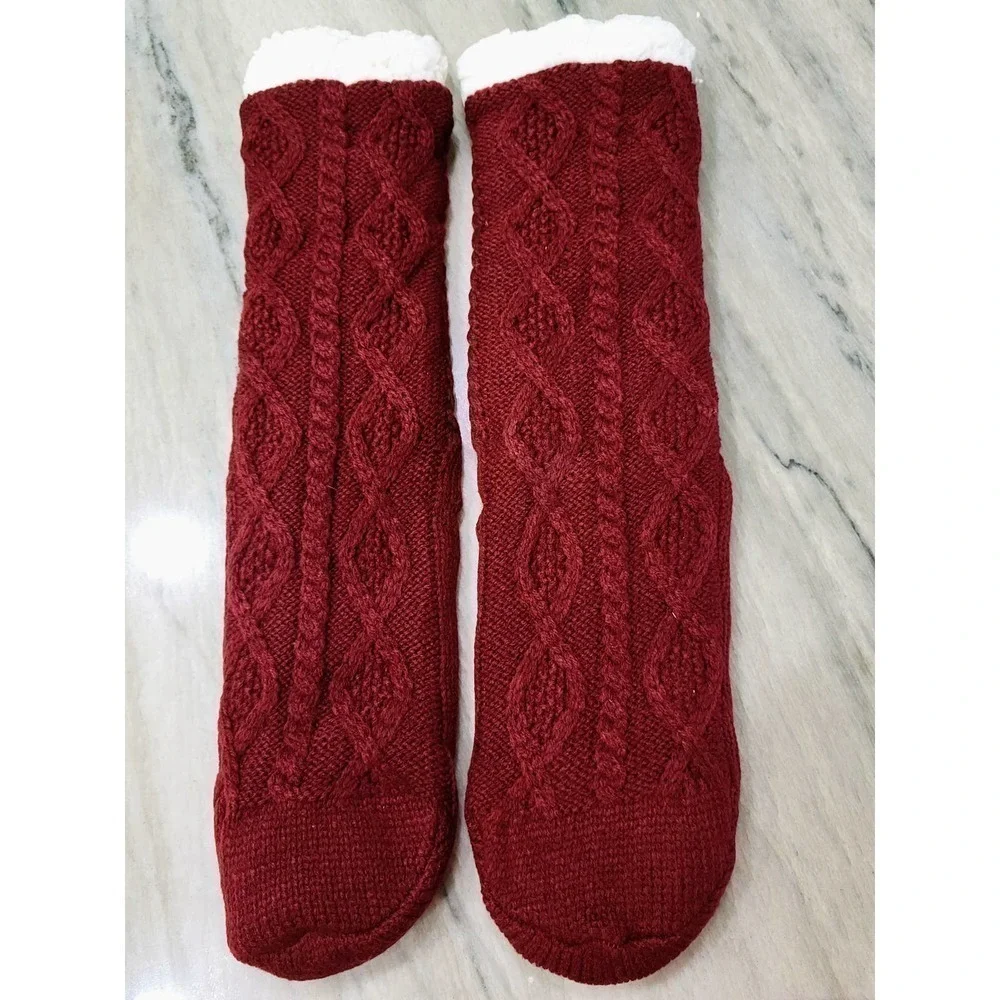 YSENSE Knit Sherpa Lined Slipper Socks Red Wine NWT
